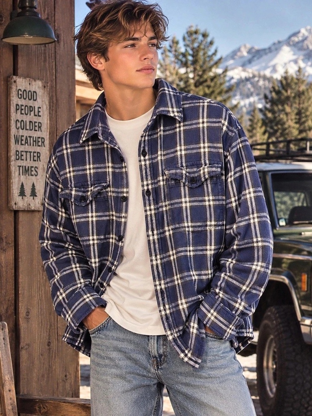 GAP Vintage 90s Cotton Blue White Plaid Thick Flannel Shacket Shirt Jacket